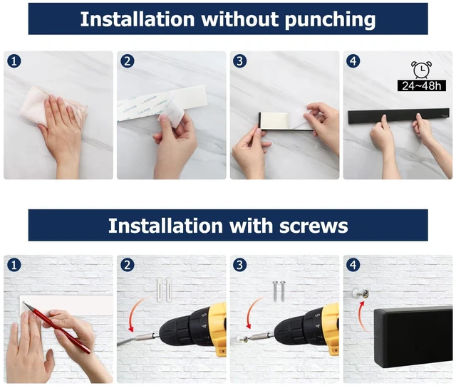 Alt view image 4 of 7 - magnetic knife holder for wallwith 3 hooks, No Drilling, 16 Inch | Black knife magnetic strip, Powerful knife magnet rack, include Adhesive Tape and screws for Knives, Utensils, and Tools
