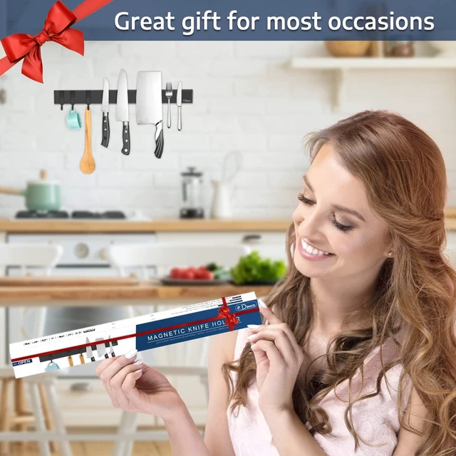 Alt view image 6 of 7 - magnetic knife holder for wallwith 3 hooks, No Drilling, 16 Inch | Black knife magnetic strip, Powerful knife magnet rack, include Adhesive Tape and screws for Knives, Utensils, and Tools