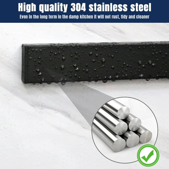 Alt view image 7 of 7 - magnetic knife holder for wallwith 3 hooks, No Drilling, 16 Inch | Black knife magnetic strip, Powerful knife magnet rack, include Adhesive Tape and screws for Knives, Utensils, and Tools