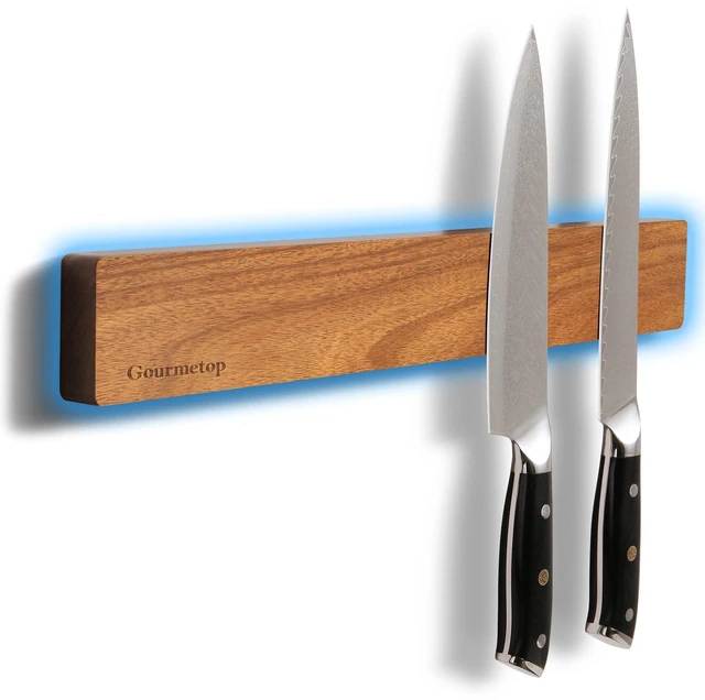 Main image of Magnetic Knife Holder for Wall 16, Acacia Wood, No Drill Fridge | Strong Dual-Row Magnet Holds 9 Knives & Heavy Cleaver, 3M Adhesive Tape & Screw Mount, Kitchen Knife & Utensil Organizer