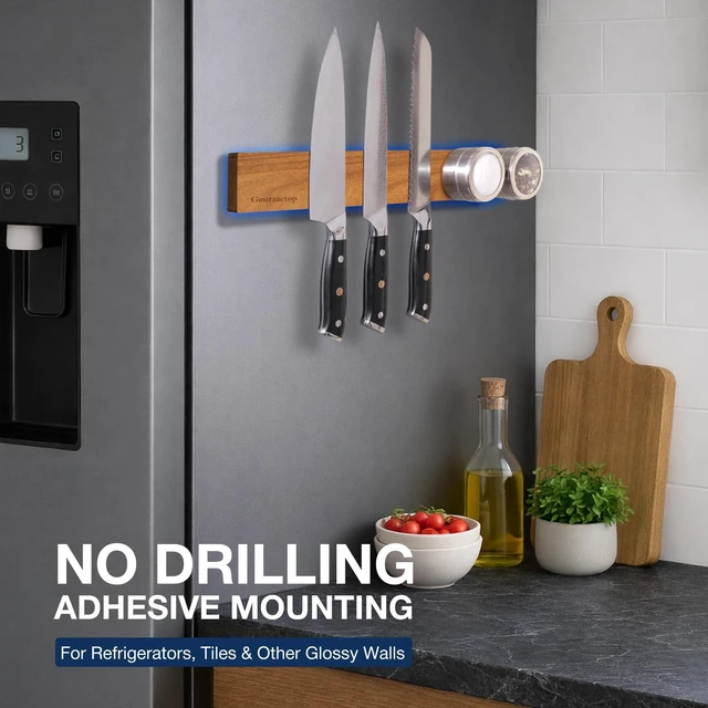 Alt view image 3 of 7 - Magnetic Knife Holder for Wall 16, Acacia Wood, No Drill Fridge | Strong Dual-Row Magnet Holds 9 Knives & Heavy Cleaver, 3M Adhesive Tape & Screw Mount, Kitchen Knife & Utensil Organizer