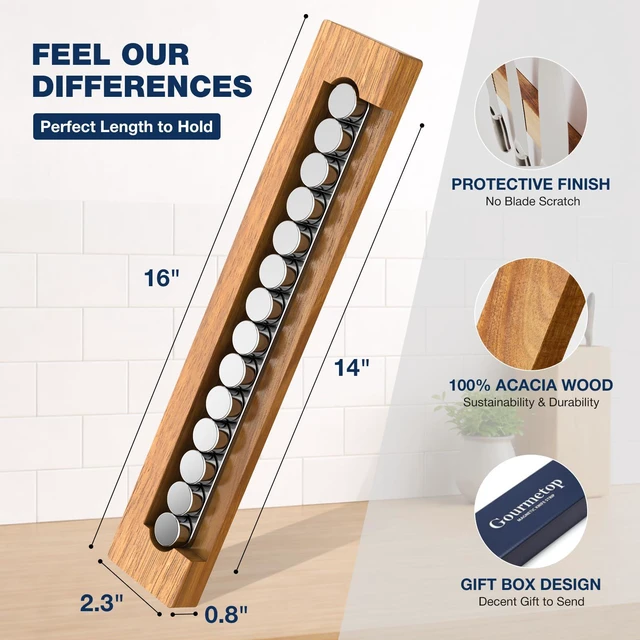 Alt view image 4 of 7 - Magnetic Knife Holder for Wall 16, Acacia Wood, No Drill Fridge | Strong Dual-Row Magnet Holds 9 Knives & Heavy Cleaver, 3M Adhesive Tape & Screw Mount, Kitchen Knife & Utensil Organizer