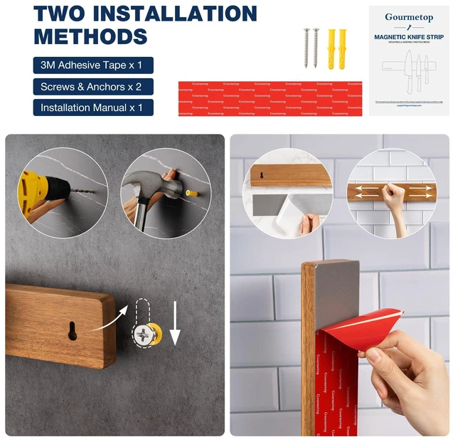 Alt view image 5 of 7 - Magnetic Knife Holder for Wall 16, Acacia Wood, No Drill Fridge | Strong Dual-Row Magnet Holds 9 Knives & Heavy Cleaver, 3M Adhesive Tape & Screw Mount, Kitchen Knife & Utensil Organizer
