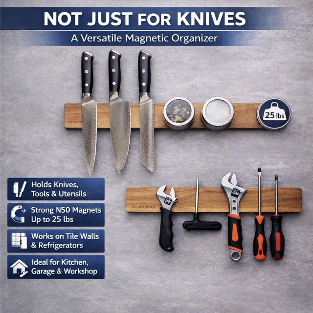 Alt view image 7 of 7 - Magnetic Knife Holder for Wall 16, Acacia Wood, No Drill Fridge | Strong Dual-Row Magnet Holds 9 Knives & Heavy Cleaver, 3M Adhesive Tape & Screw Mount, Kitchen Knife & Utensil Organizer