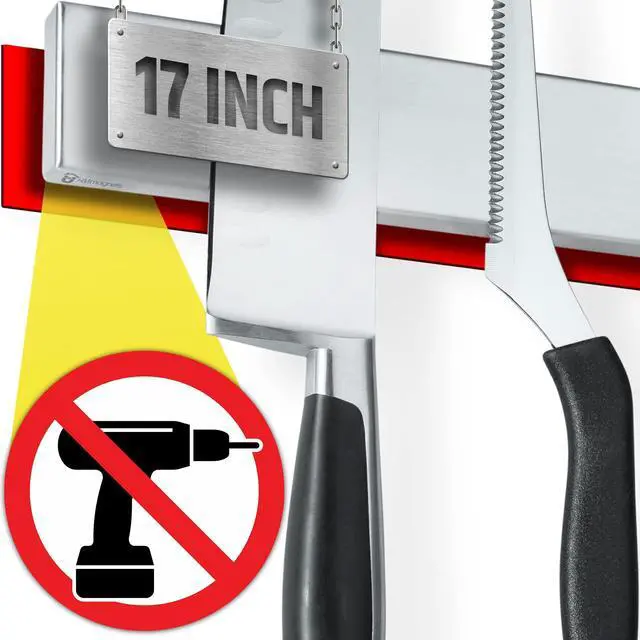 Main image of 17" Strong Adhesive (No Drill) Magnetic Knife Holder for Wall - Professional Knife Strip - No Screws Needed - Adhesive Backing - Stainless Steel Knife Bar (Upgraded Version Will Not Fall)