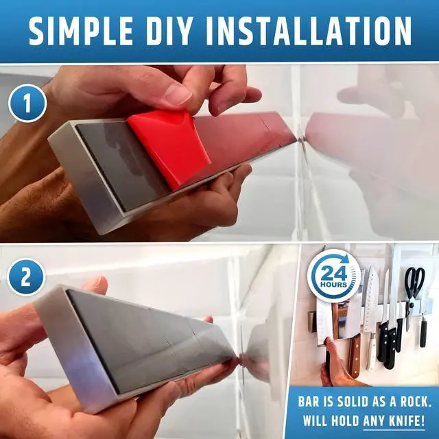 Alt view image 4 of 7 - 17" Strong Adhesive (No Drill) Magnetic Knife Holder for Wall - Professional Knife Strip - No Screws Needed - Adhesive Backing - Stainless Steel Knife Bar (Upgraded Version Will Not Fall)