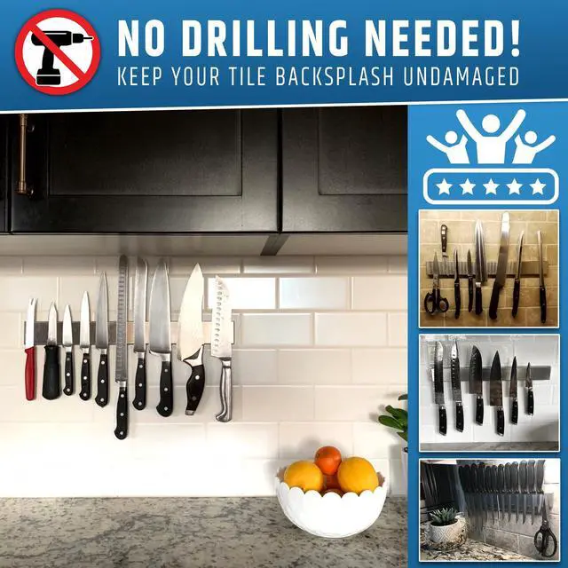 Alt view image 6 of 7 - 17" Strong Adhesive (No Drill) Magnetic Knife Holder for Wall - Professional Knife Strip - No Screws Needed - Adhesive Backing - Stainless Steel Knife Bar (Upgraded Version Will Not Fall)