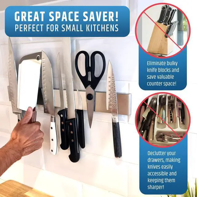 Alt view image 7 of 7 - 17" Strong Adhesive (No Drill) Magnetic Knife Holder for Wall - Professional Knife Strip - No Screws Needed - Adhesive Backing - Stainless Steel Knife Bar (Upgraded Version Will Not Fall)