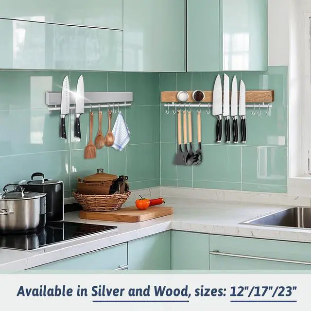 Alt view image 2 of 7 - 17 Inch Magnetic Knife Holder for Wall - Stainless Steel Knife Magnetic Strip No Drill with 10 Hooks/Adhesive Tape/Screws, Kitchen Utensil Holder, Magnetic Knife Organizer, Wall Mounted Knife Storage