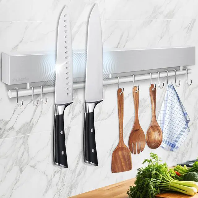 Main image of 17 Inch Magnetic Knife Holder for Wall - Stainless Steel Knife Magnetic Strip No Drill with 10 Hooks/Adhesive Tape/Screws, Kitchen Utensil Holder, Magnetic Knife Organizer, Wall Mounted Knife Storage