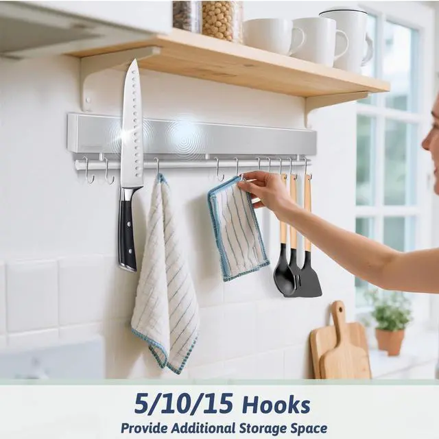 Alt view image 3 of 7 - 17 Inch Magnetic Knife Holder for Wall - Stainless Steel Knife Magnetic Strip No Drill with 10 Hooks/Adhesive Tape/Screws, Kitchen Utensil Holder, Magnetic Knife Organizer, Wall Mounted Knife Storage