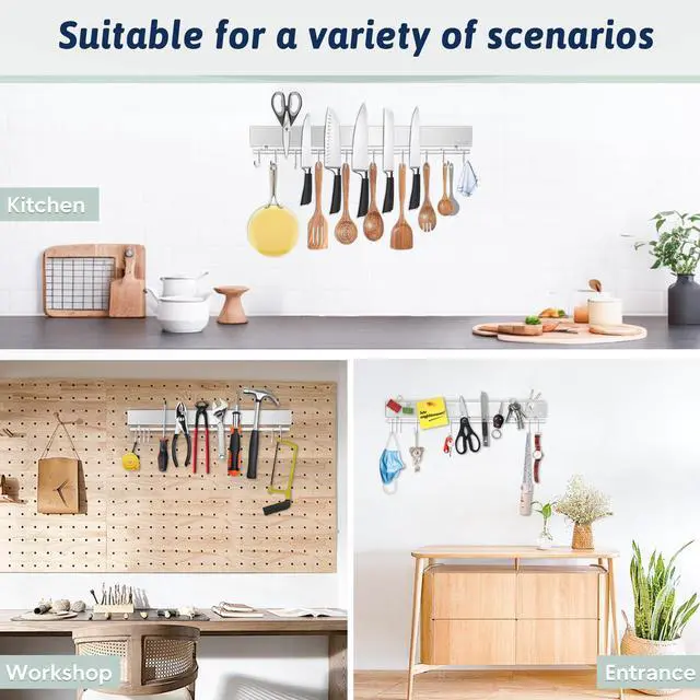 Alt view image 6 of 7 - 17 Inch Magnetic Knife Holder for Wall - Stainless Steel Knife Magnetic Strip No Drill with 10 Hooks/Adhesive Tape/Screws, Kitchen Utensil Holder, Magnetic Knife Organizer, Wall Mounted Knife Storage