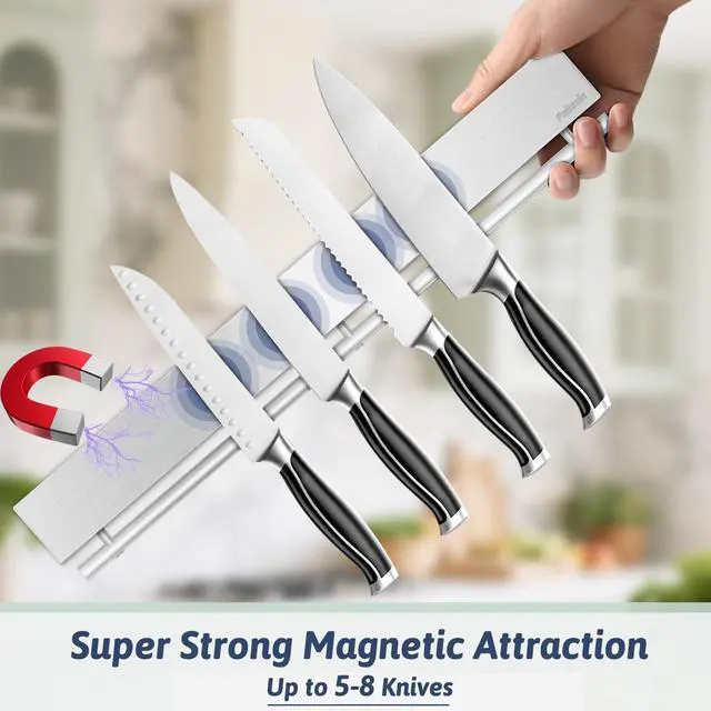 Alt view image 4 of 7 - 17 Inch Magnetic Knife Holder for Wall - Stainless Steel Knife Magnetic Strip No Drill with 10 Hooks/Adhesive Tape/Screws, Kitchen Utensil Holder, Magnetic Knife Organizer, Wall Mounted Knife Storage