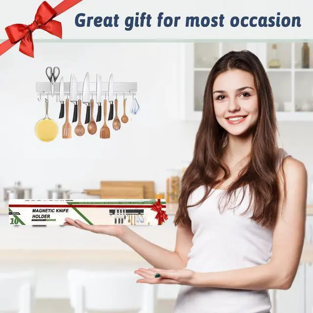 Alt view image 7 of 7 - 17 Inch Magnetic Knife Holder for Wall - Stainless Steel Knife Magnetic Strip No Drill with 10 Hooks/Adhesive Tape/Screws, Kitchen Utensil Holder, Magnetic Knife Organizer, Wall Mounted Knife Storage