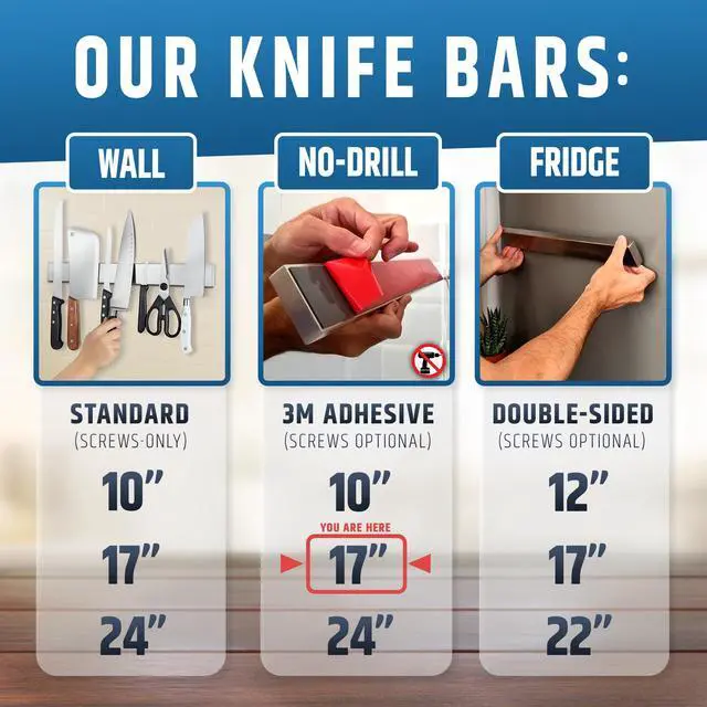 Alt view image 2 of 7 - 17" Strong Adhesive (No Drill) Magnetic Knife Holder for Wall - Professional Knife Strip - No Screws Needed - Adhesive Backing - Stainless Steel Knife Bar (Upgraded Version Will Not Fall)