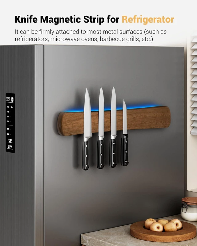 Alt view image 5 of 7 - Magnetic Knife Holder, 16 Inch Acacia Wood Knife Strip for Wall or Fridge | Fridge Magnetic or Screw-Mounted, Strong Magnet Secures Knives, Space-Saving, Kitchen Knife Storage, Housewarming Gift