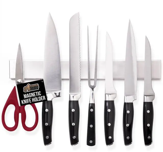 Main image of 304 Stainless Steel Magnetic Knife Holder Strip, 10 Inch | Heavy Duty and Secure Wall Mounted Bar for Knives, Tools, Holds Up to 6 lbs, Kitchen Home Organizer, Easy Installation