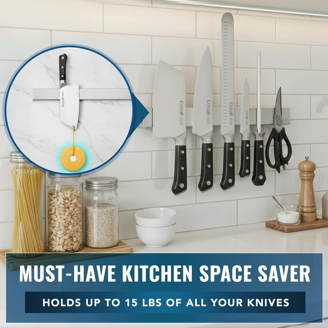 Alt view image 6 of 7 - Magnetic Knife Holder for Wall & Fridge, 16" Knife Magnetic Strip | Stainless Steel Bar Holds up to 15 Lbs, Easy Mount with Strong Magnets or Screws