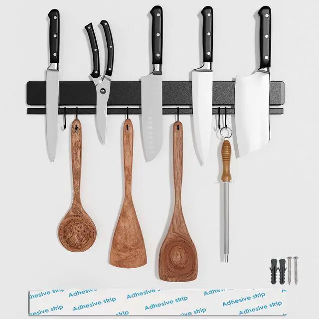 Main image of 17 Inch Magnetic Knife Holder for Wall, Adhesive Knife Magnetic Strip No Drilling with 12 Hooks, Powerful Magnetic Knife Strip, Magnetic tool Holder for Kitchen Knives & Utensils (Black)