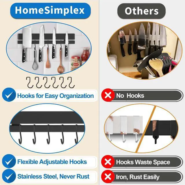 Alt view image 3 of 6 - 17 Inch Magnetic Knife Holder for Wall, Adhesive Knife Magnetic Strip No Drilling with 12 Hooks, Powerful Magnetic Knife Strip, Magnetic tool Holder for Kitchen Knives & Utensils (Black)