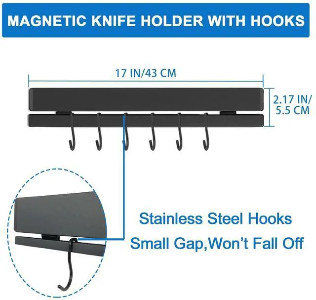 Alt view image 5 of 6 - 17 Inch Magnetic Knife Holder for Wall, Adhesive Knife Magnetic Strip No Drilling with 12 Hooks, Powerful Magnetic Knife Strip, Magnetic tool Holder for Kitchen Knives & Utensils (Black)