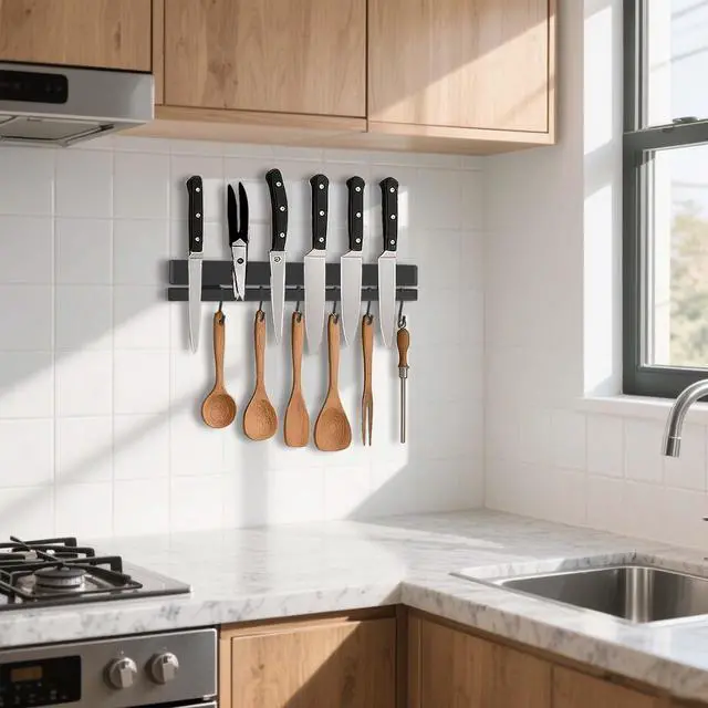 Alt view image 6 of 6 - 17 Inch Magnetic Knife Holder for Wall, Adhesive Knife Magnetic Strip No Drilling with 12 Hooks, Powerful Magnetic Knife Strip, Magnetic tool Holder for Kitchen Knives & Utensils (Black)