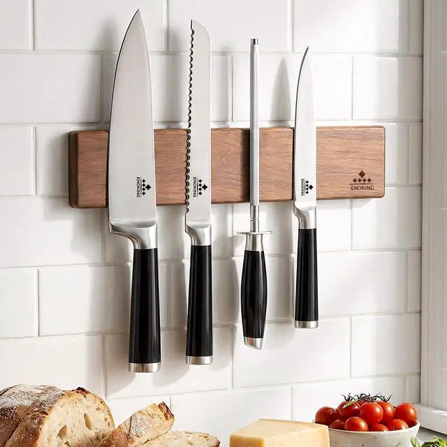 Alt view image 2 of 7 - Magnetic Knife Strips, Magnetic Knife Holder for Wall 16 Inch, Acacia Wood Knife Magnetic Strip Use as Knife Bar, Knife Holder for Kitchen Utensil Organizer, Without hooks