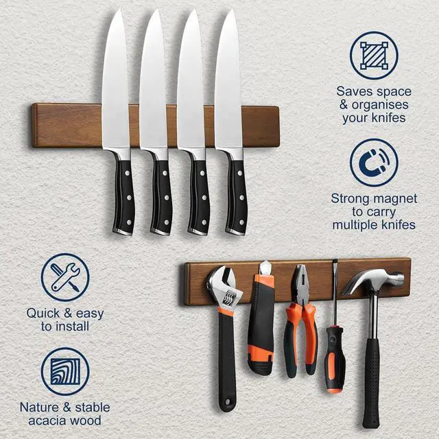 Alt view image 4 of 7 - Magnetic Knife Strips, Magnetic Knife Holder for Wall 16 Inch, Acacia Wood Knife Magnetic Strip Use as Knife Bar, Knife Holder for Kitchen Utensil Organizer, Without hooks