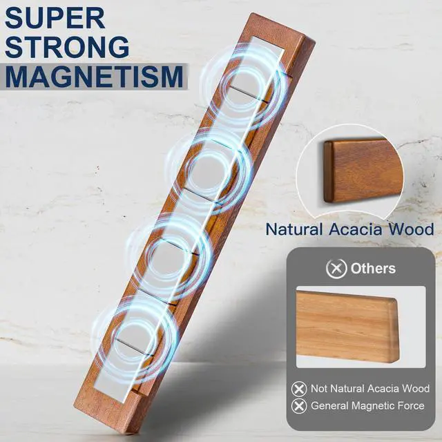 Alt view image 5 of 7 - Magnetic Knife Strips, Magnetic Knife Holder for Wall 16 Inch, Acacia Wood Knife Magnetic Strip Use as Knife Bar, Knife Holder for Kitchen Utensil Organizer, Without hooks