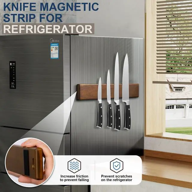 Alt view image 6 of 7 - Magnetic Knife Strips, Magnetic Knife Holder for Wall 16 Inch, Acacia Wood Knife Magnetic Strip Use as Knife Bar, Knife Holder for Kitchen Utensil Organizer, Without hooks