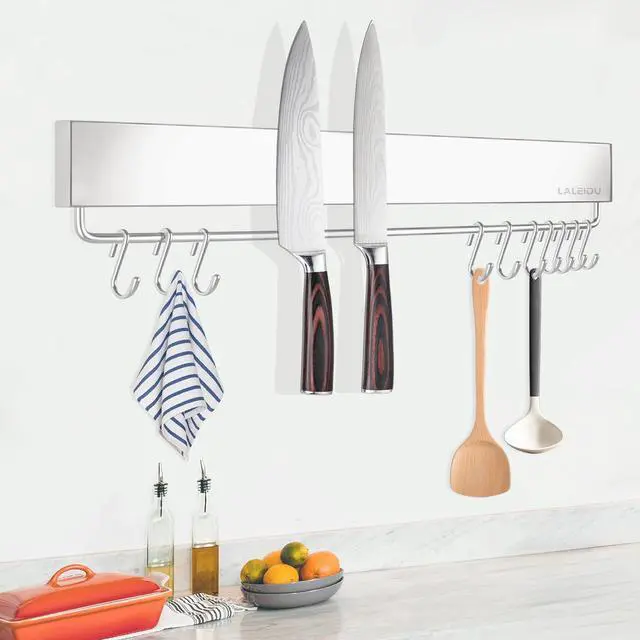 Main image of Magnetic Knife Holder for wall, 17 Inch Knife Magnetic Strip with 10 Hooks, Stainless Steel Knife Holder Magnet Rack for Kitchen Organizer, Mount with Adhesive or Screws