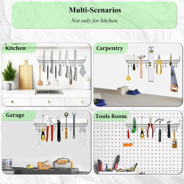 Alt view image 6 of 6 - Magnetic Knife Holder for wall, 17 Inch Knife Magnetic Strip with 10 Hooks, Stainless Steel Knife Holder Magnet Rack for Kitchen Organizer, Mount with Adhesive or Screws