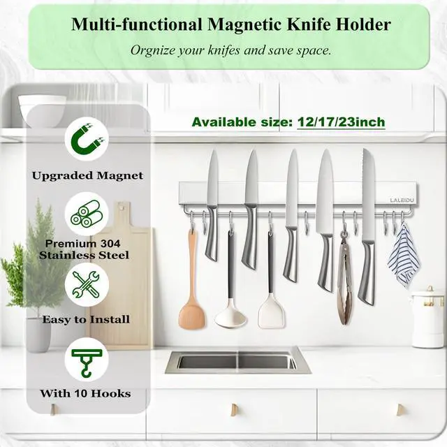 Alt view image 2 of 6 - Magnetic Knife Holder for wall, 17 Inch Knife Magnetic Strip with 10 Hooks, Stainless Steel Knife Holder Magnet Rack for Kitchen Organizer, Mount with Adhesive or Screws