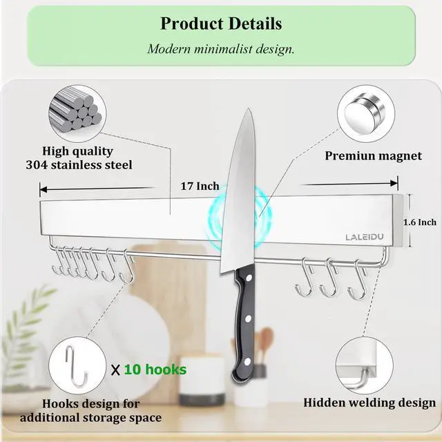 Alt view image 3 of 6 - Magnetic Knife Holder for wall, 17 Inch Knife Magnetic Strip with 10 Hooks, Stainless Steel Knife Holder Magnet Rack for Kitchen Organizer, Mount with Adhesive or Screws