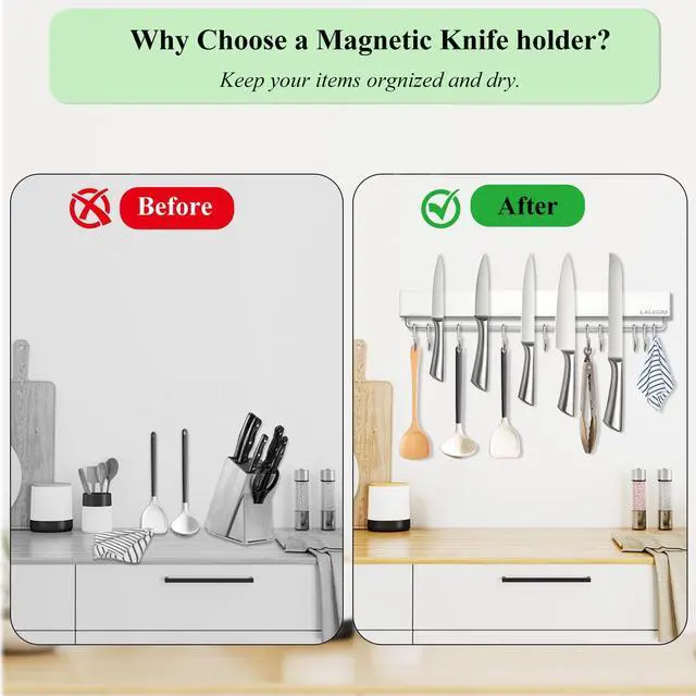 Alt view image 4 of 6 - Magnetic Knife Holder for wall, 17 Inch Knife Magnetic Strip with 10 Hooks, Stainless Steel Knife Holder Magnet Rack for Kitchen Organizer, Mount with Adhesive or Screws