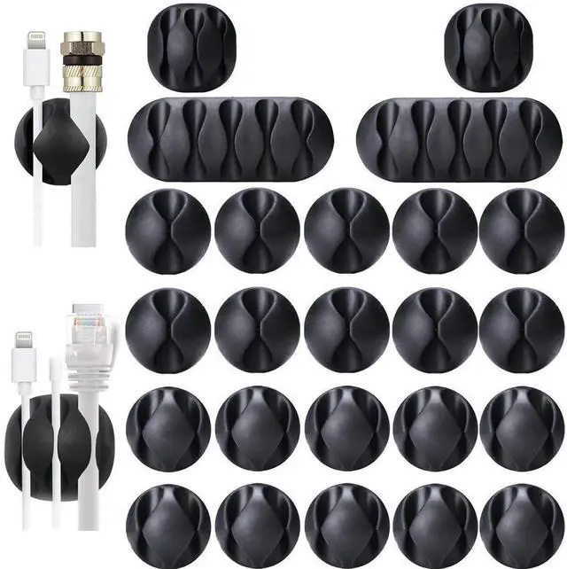Main image of Desk Cable Management Cord Organizer, 24 Pack Black Self Adhesive Cord Holder Cable Clips, Ideal Cable Organizer Wire Keeper for Desk, Nightstand, Phone Charger, Computer, Home, Office, Car