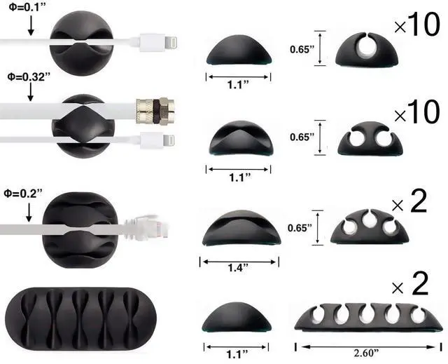 Alt view image 2 of 7 - Desk Cable Management Cord Organizer, 24 Pack Black Self Adhesive Cord Holder Cable Clips, Ideal Cable Organizer Wire Keeper for Desk, Nightstand, Phone Charger, Computer, Home, Office, Car