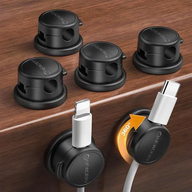 Main image of Magnetic Cable Organizer 6-Pack - 360° Rotatable Cable Clips Cord Holder for Desk - 3M Adhesive Wire Holder for Phone Charger, Home Office Accessories & Nightstand Organization-Black