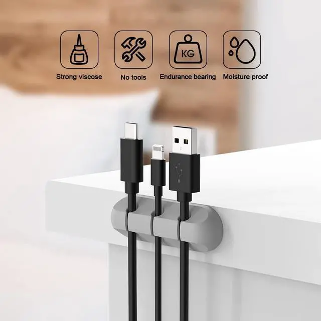 Alt view image 6 of 7 - 2 Pack Cable Clips - Cord Organizer, Cable Management, 6mm Wire Holder System - Rubber Adhesive Cord Hooks fit Home, Office, Cubicle, Car, Desk Accessories (Black Grey)