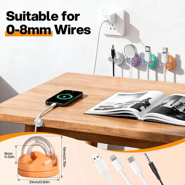 Alt view image 5 of 7 - 8 Pack 360° Rotatable Magnetic Cable Clips, Adhesive Cord Holder Organizer, Under Desk Cable Management, Wire Keeper for Home Office Car Wall Desktop Nightstand(Black)