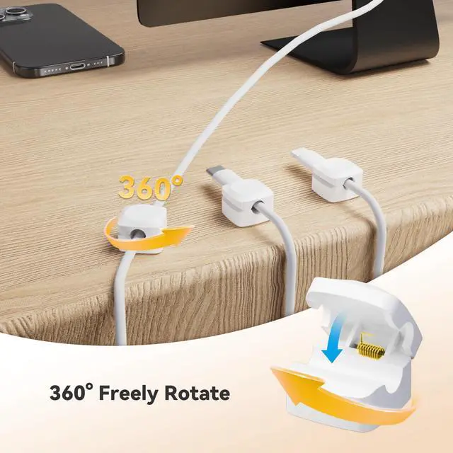 Alt view image 2 of 7 - Rotatable Cord Organizer, Enhanced Spring Cable Clips, Strong Adhesive Cable Management, Desk Cord Holder for Nightstand, Office Accessories and Car (8*White)