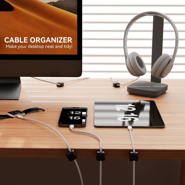 Alt view image 3 of 7 - Rotatable Cord Organizer, Strong Adhesive Spring Cable Clips | Enhanced Cable Organizer Cord Clips, Desk Cord Holder for Nightstand, Office Accessories and Car (8*Black)