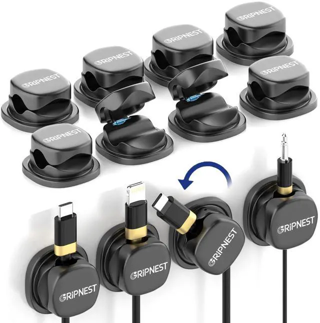 Main image of Never-Lose 1s Lock Spring Cable Solution Rotatable Cable Clips, Strong Adhesive Cord Organizer & Wire Holder for Desk, Car, Wall & Nightstand, Tangle-Free Cable Management, 12 Pack (Black)