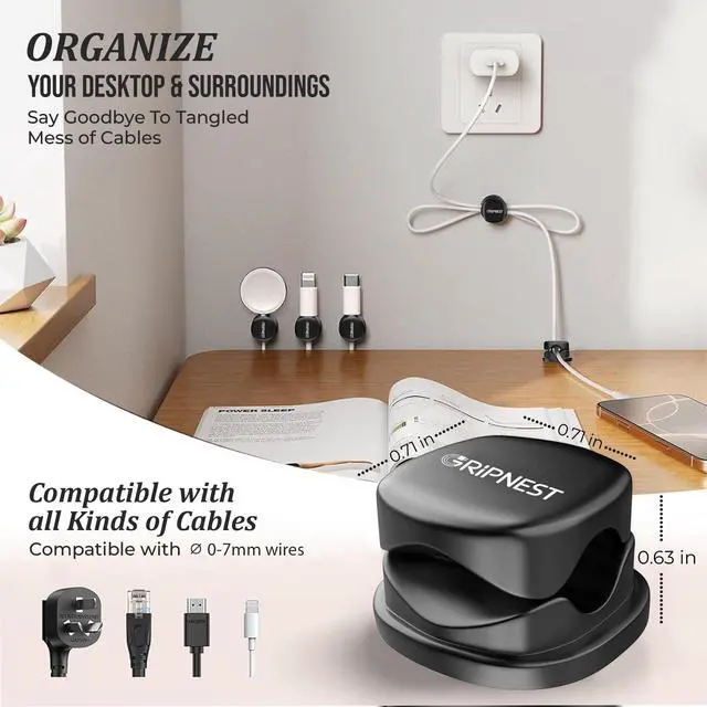 Alt view image 4 of 6 - Never-Lose 1s Lock Spring Cable Solution Rotatable Cable Clips, Strong Adhesive Cord Organizer & Wire Holder for Desk, Car, Wall & Nightstand, Tangle-Free Cable Management, 12 Pack (Black)