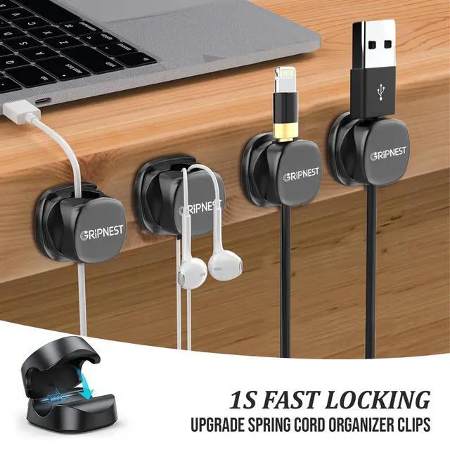 Alt view image 5 of 6 - Never-Lose 1s Lock Spring Cable Solution Rotatable Cable Clips, Strong Adhesive Cord Organizer & Wire Holder for Desk, Car, Wall & Nightstand, Tangle-Free Cable Management, 12 Pack (Black)