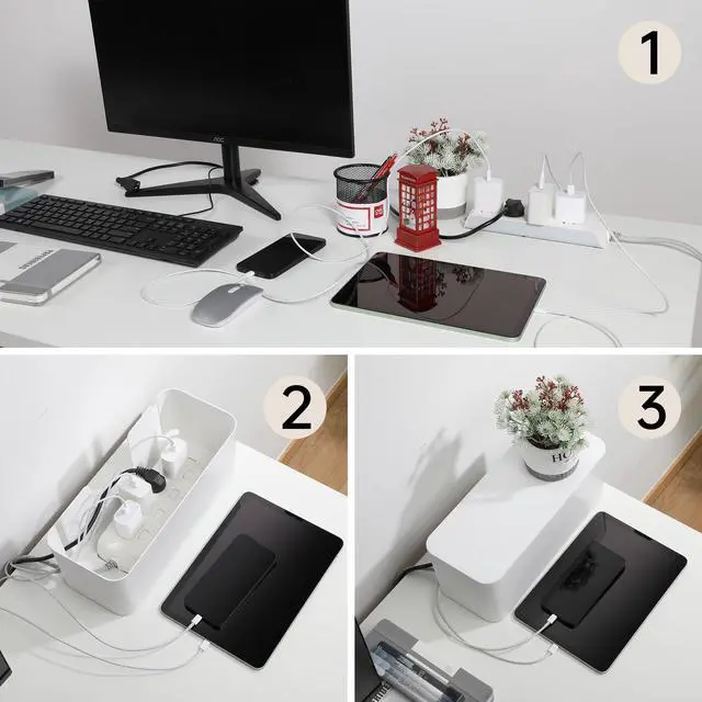 Alt view image 3 of 7 - 2 Pack Cable Management Box, Pet Friendly Cable Box Organizer for Home & Office, Child-Proof Floor Cord Cover, Cord Management and Cord Hider, White