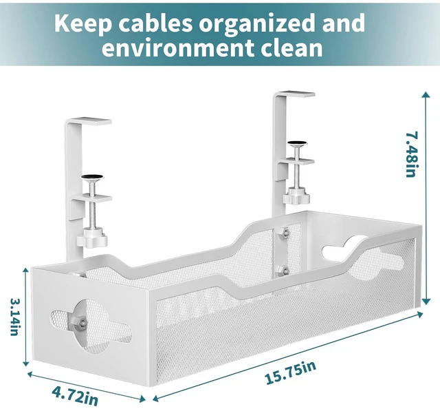 Alt view image 7 of 7 - Under Desk Cable Management Tray White, Cable Management Under Desk No Drill, Cable Organizer with Clamp for Wire Management, Cord Organizer for Office, Home No Damage to Desk