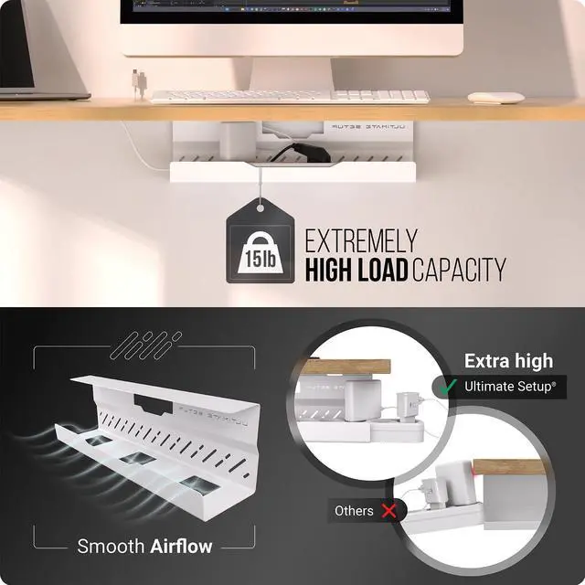 Alt view image 4 of 7 - Under Desk Cable Management Tray no Drill Wire Management - Cord Organizer Huge Load Capacity Under Desk Cable Tray no Drill (White, 1 Piece Set)