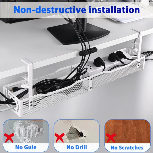 Alt view image 3 of 7 - Under Desk Cable Management Box 25.3 Inch Clamp-Mounted Cable Organizer Tray, Large Cord Management Box for Office & Home, Wire Organizer Under Desk Storage, White