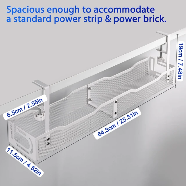 Alt view image 4 of 7 - Under Desk Cable Management Box 25.3 Inch Clamp-Mounted Cable Organizer Tray, Large Cord Management Box for Office & Home, Wire Organizer Under Desk Storage, White
